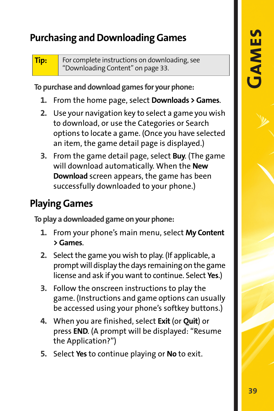 Purchasing and downloading games, Playing games, Ga mes | Sprint Nextel m620 User Manual | Page 43 / 64