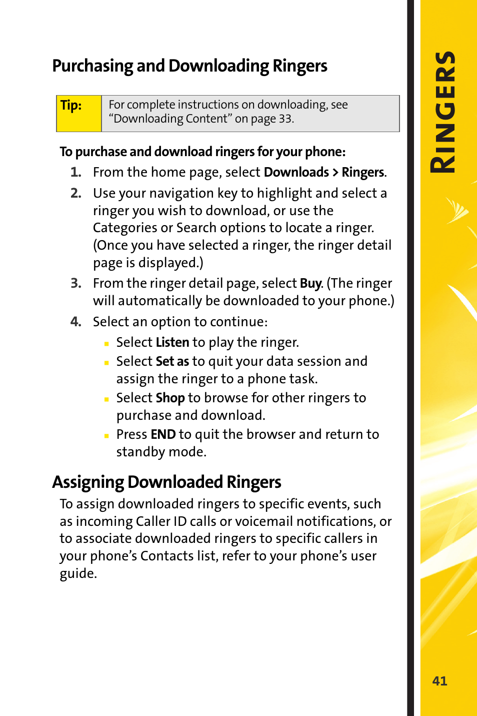 Purchasing and downloading ringers, Assigning downloaded ringers, Ri ngers | Sprint Nextel m620 User Manual | Page 45 / 64