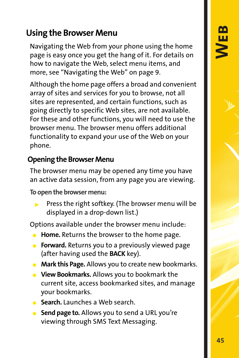 Using the browser menu, Opening the browser menu, We b | Sprint Nextel m620 User Manual | Page 49 / 64