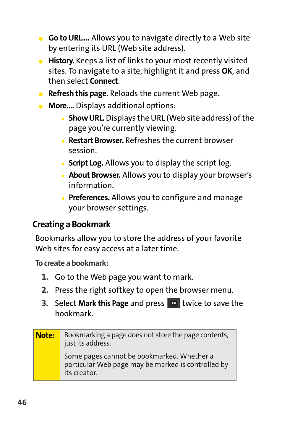 Creating a bookmark | Sprint Nextel m620 User Manual | Page 50 / 64