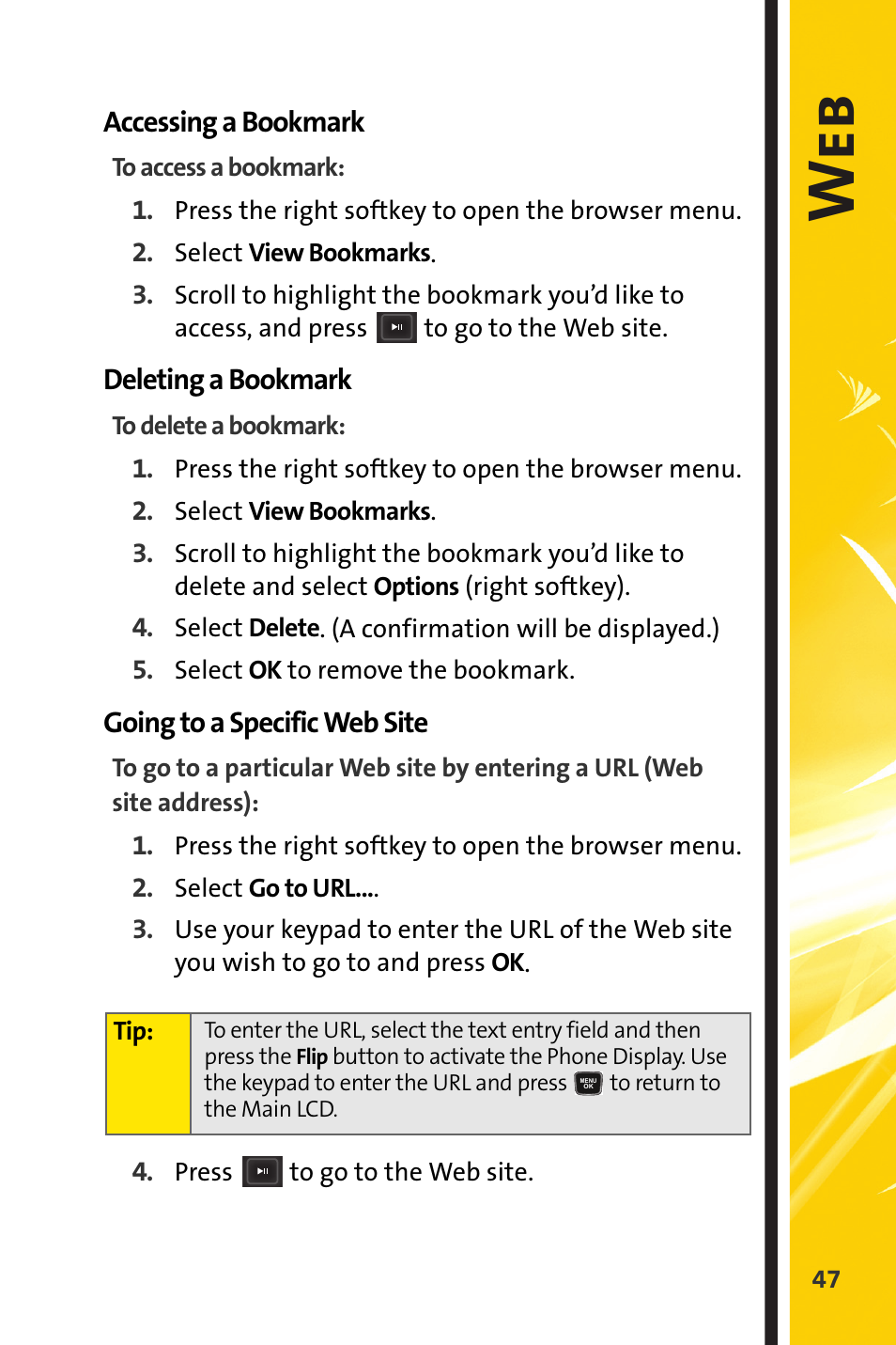 Accessing a bookmark, Deleting a bookmark, Going to a specific web site | We b | Sprint Nextel m620 User Manual | Page 51 / 64