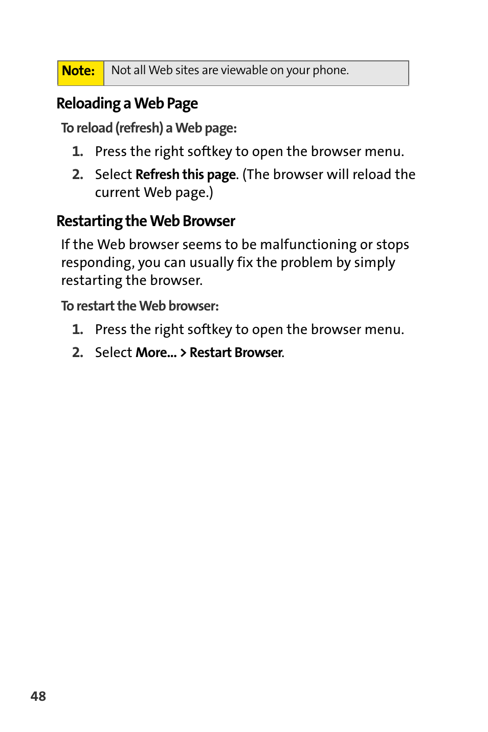 Restarting the web browser | Sprint Nextel m620 User Manual | Page 52 / 64