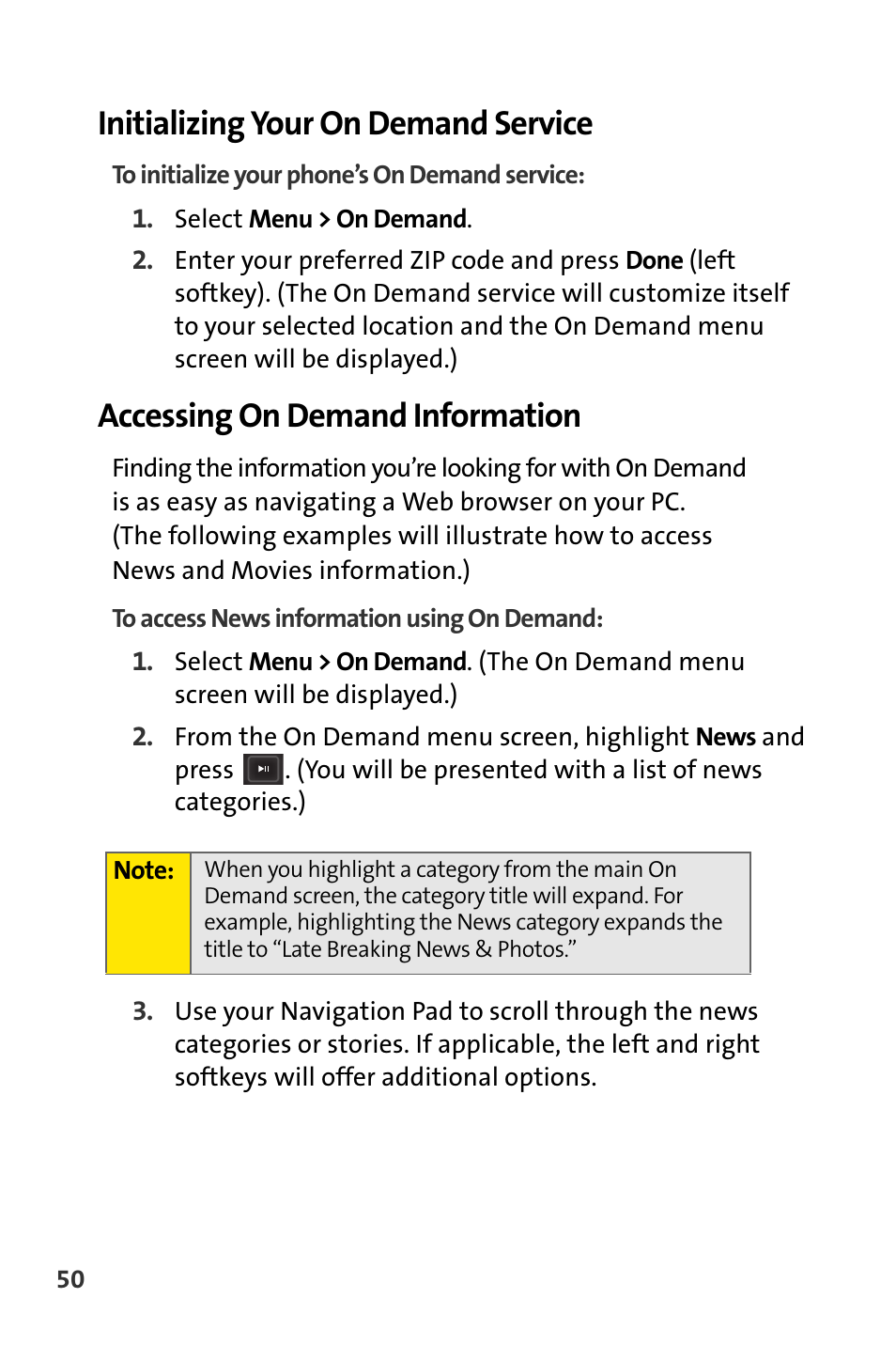 Initializing your on demand service, Accessing on demand information | Sprint Nextel m620 User Manual | Page 54 / 64