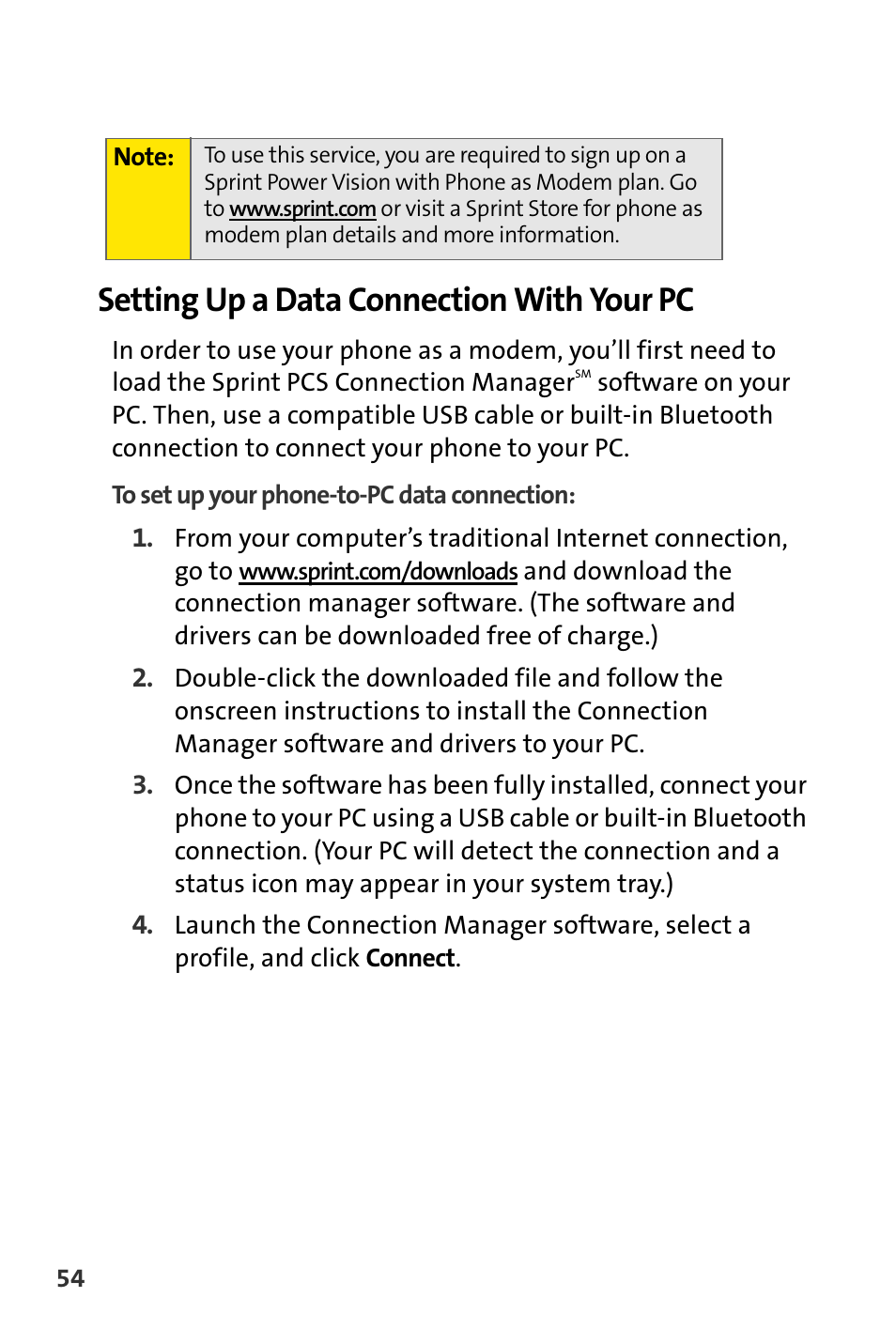 Setting up a data connection with your pc | Sprint Nextel m620 User Manual | Page 58 / 64