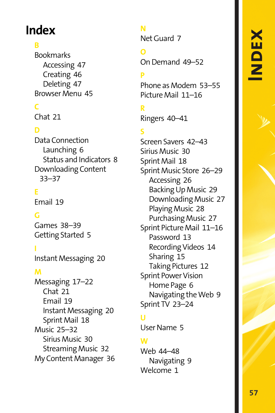 Index | Sprint Nextel m620 User Manual | Page 61 / 64