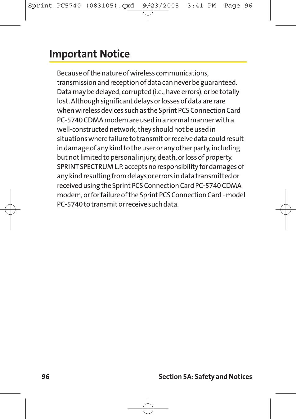 Important notice | Sprint Nextel Sprint PCS Connection Card PC-5740 User Manual | Page 104 / 123