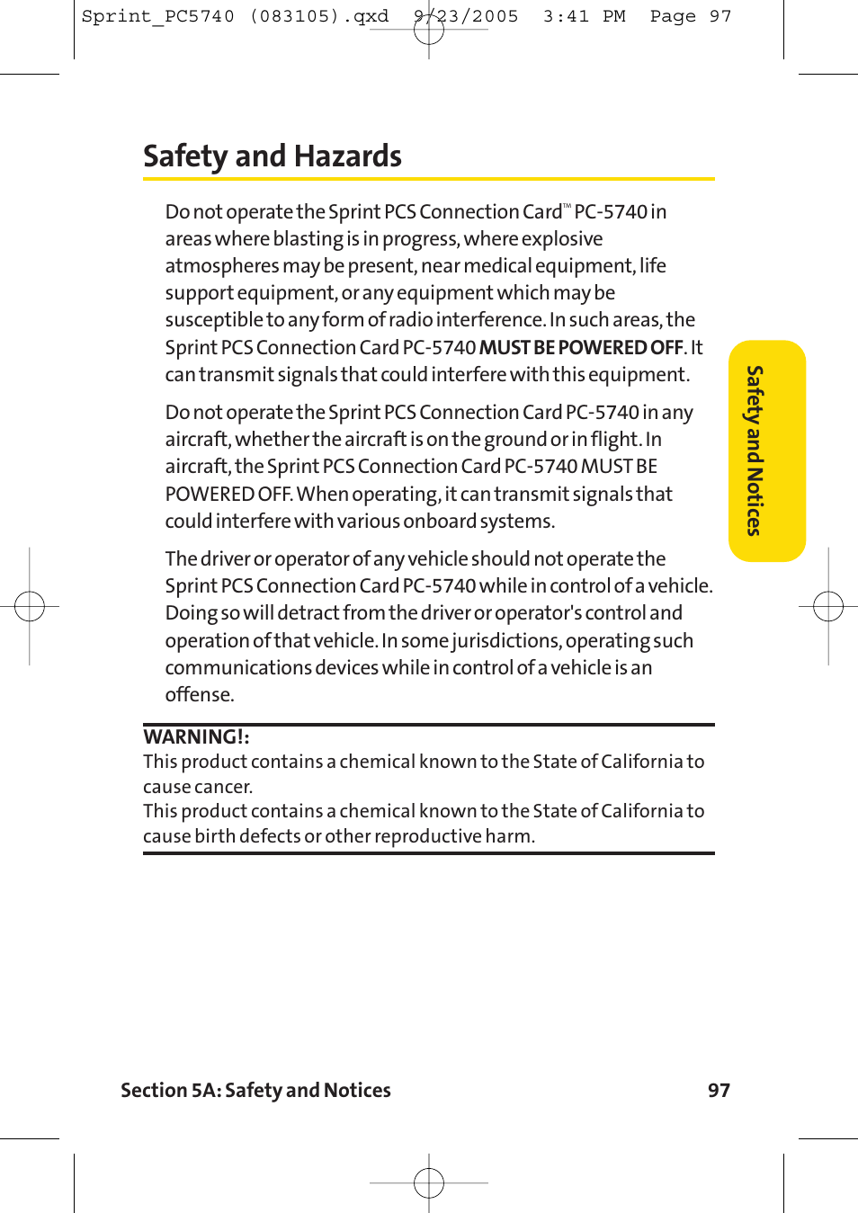 Safety and hazards | Sprint Nextel Sprint PCS Connection Card PC-5740 User Manual | Page 105 / 123