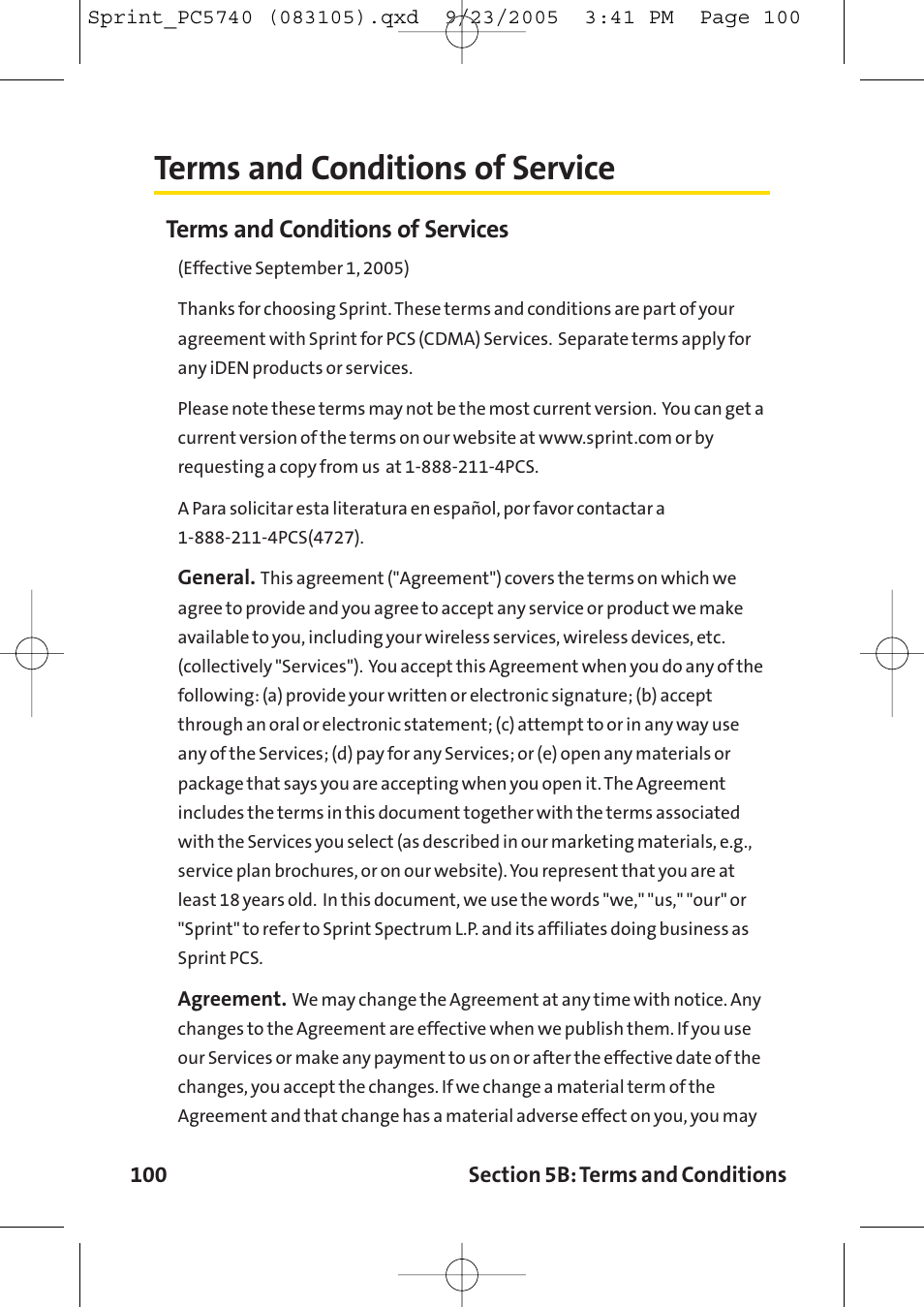 Terms and conditions of service, Terms and conditions of services | Sprint Nextel Sprint PCS Connection Card PC-5740 User Manual | Page 108 / 123