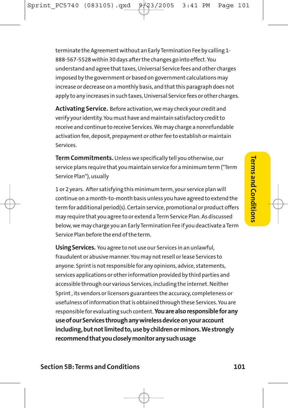 Terms and c onditions | Sprint Nextel Sprint PCS Connection Card PC-5740 User Manual | Page 109 / 123