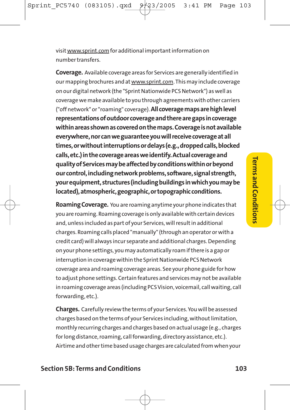 Terms and c onditions | Sprint Nextel Sprint PCS Connection Card PC-5740 User Manual | Page 111 / 123