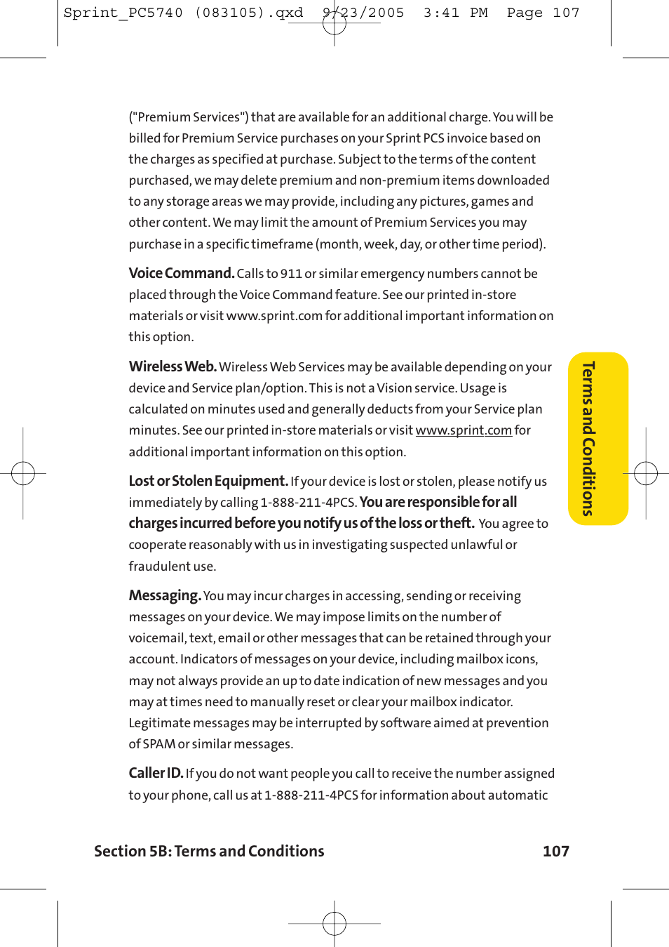 Terms and c onditions | Sprint Nextel Sprint PCS Connection Card PC-5740 User Manual | Page 115 / 123