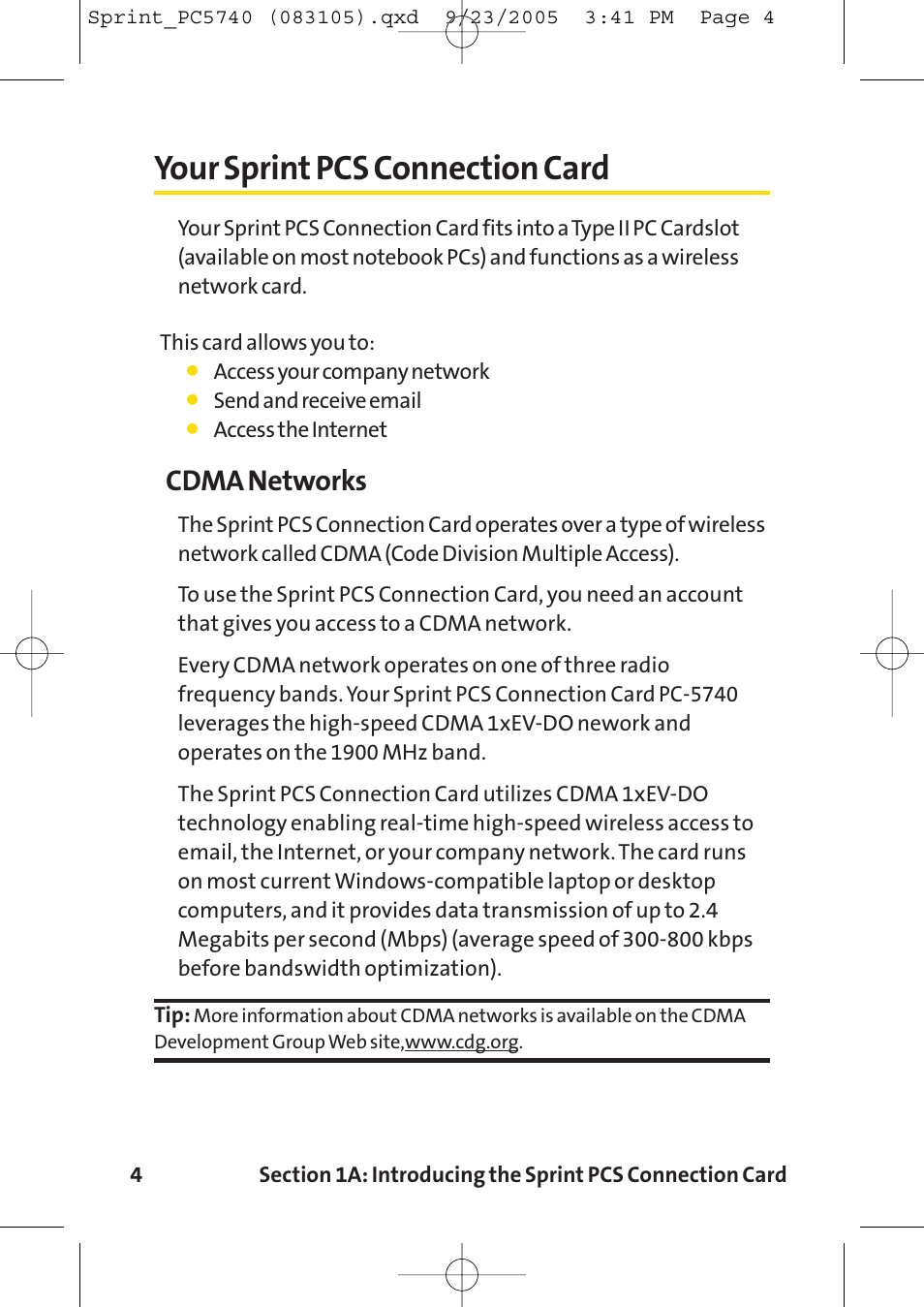 Your sprint pcs connection card, Cdma networks | Sprint Nextel Sprint PCS Connection Card PC-5740 User Manual | Page 12 / 123