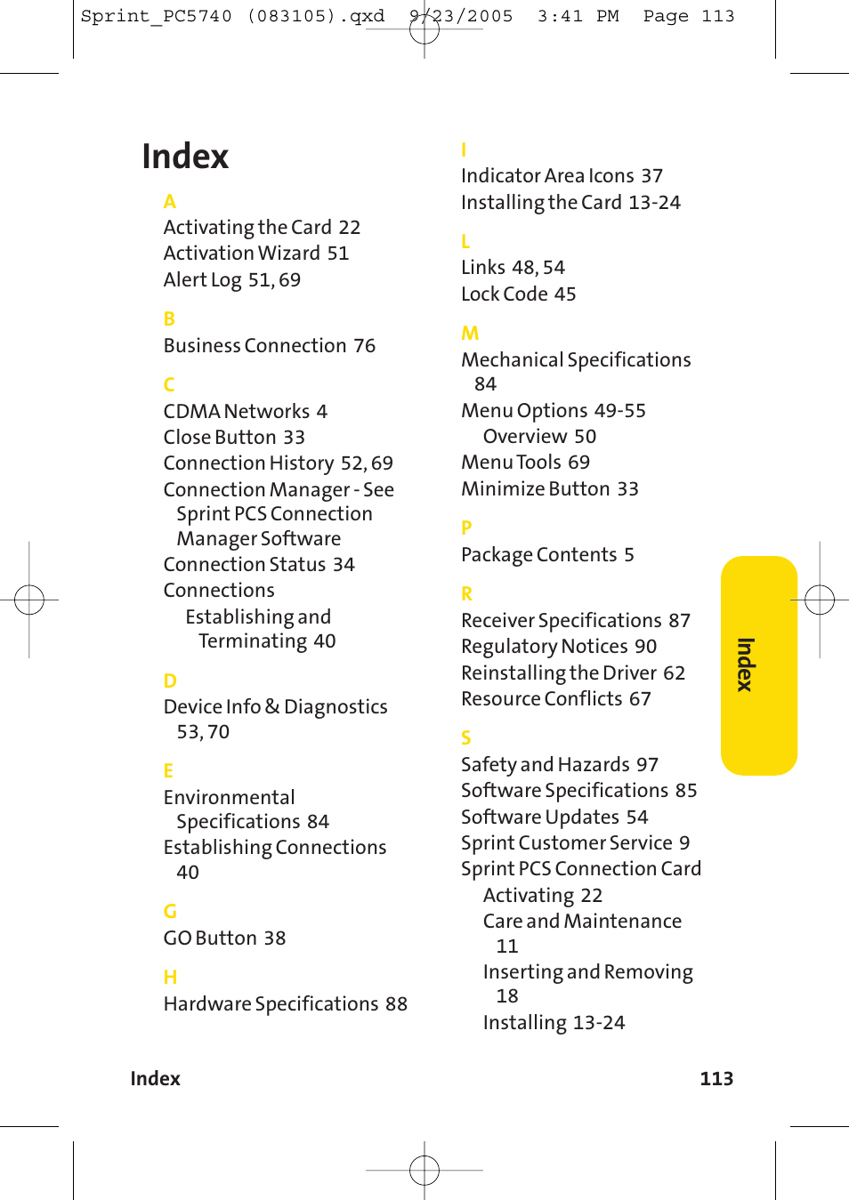Index, Inde x | Sprint Nextel Sprint PCS Connection Card PC-5740 User Manual | Page 121 / 123