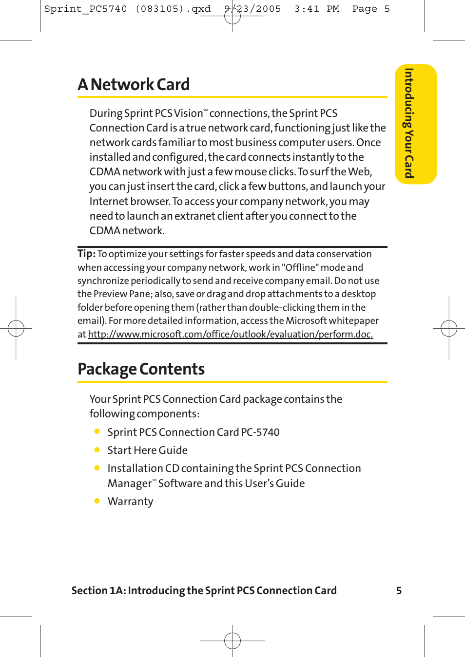 A network card, Package contents | Sprint Nextel Sprint PCS Connection Card PC-5740 User Manual | Page 13 / 123