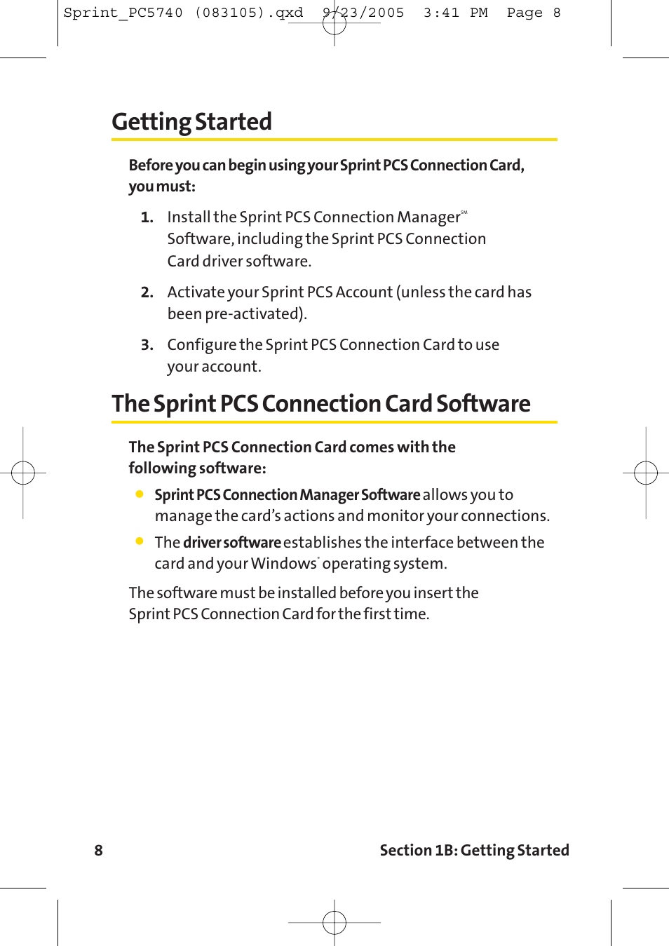 Getting started, The sprint pcs connection ca, The sprint pcs connection card software | Sprint Nextel Sprint PCS Connection Card PC-5740 User Manual | Page 16 / 123