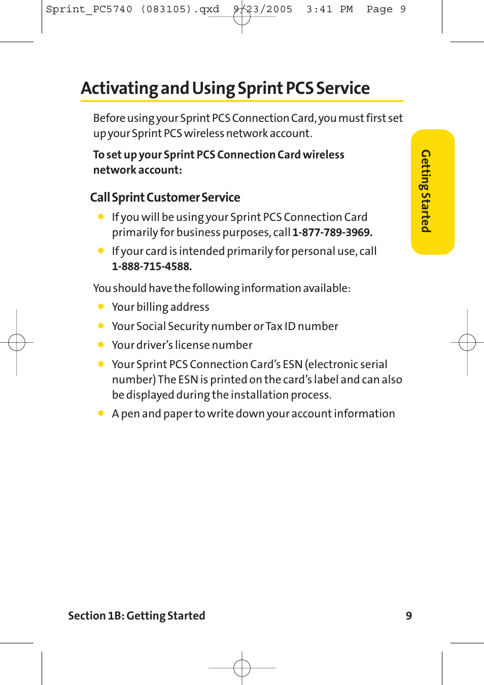 Activating and using sprint, Activating and using sprint pcs service, Call sprint customer service | Sprint Nextel Sprint PCS Connection Card PC-5740 User Manual | Page 17 / 123