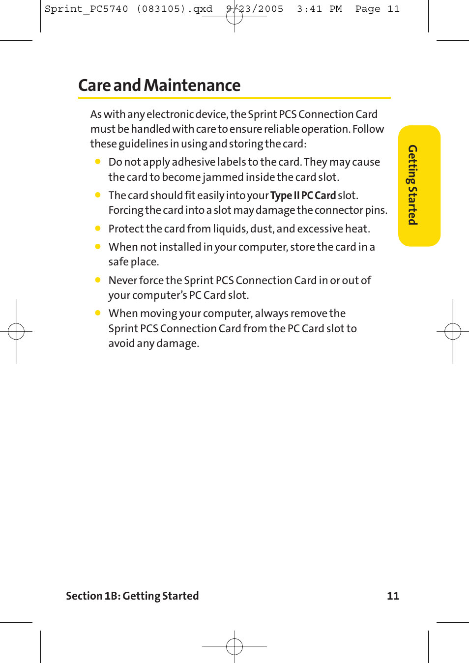 Care and maintenance, Getting star ted | Sprint Nextel Sprint PCS Connection Card PC-5740 User Manual | Page 19 / 123