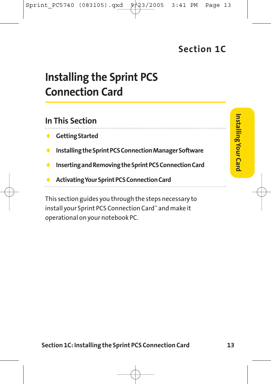 Installing the sprint pcs co, Installing the sprint pcs connection card | Sprint Nextel Sprint PCS Connection Card PC-5740 User Manual | Page 21 / 123