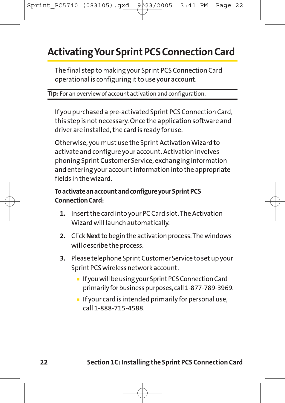 Activatingyour sprint pcs co, Activatingyour sprint pcs connection card | Sprint Nextel Sprint PCS Connection Card PC-5740 User Manual | Page 30 / 123