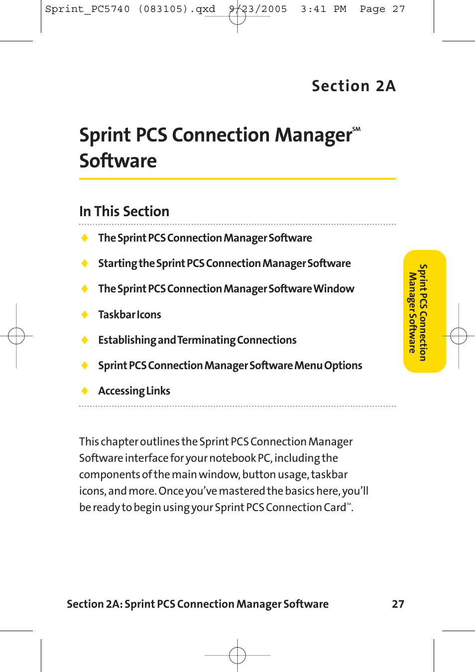 Sprint pcs connection manage, Sprint pcs connection manager software, Sprint pcs connection manager | Software | Sprint Nextel Sprint PCS Connection Card PC-5740 User Manual | Page 35 / 123