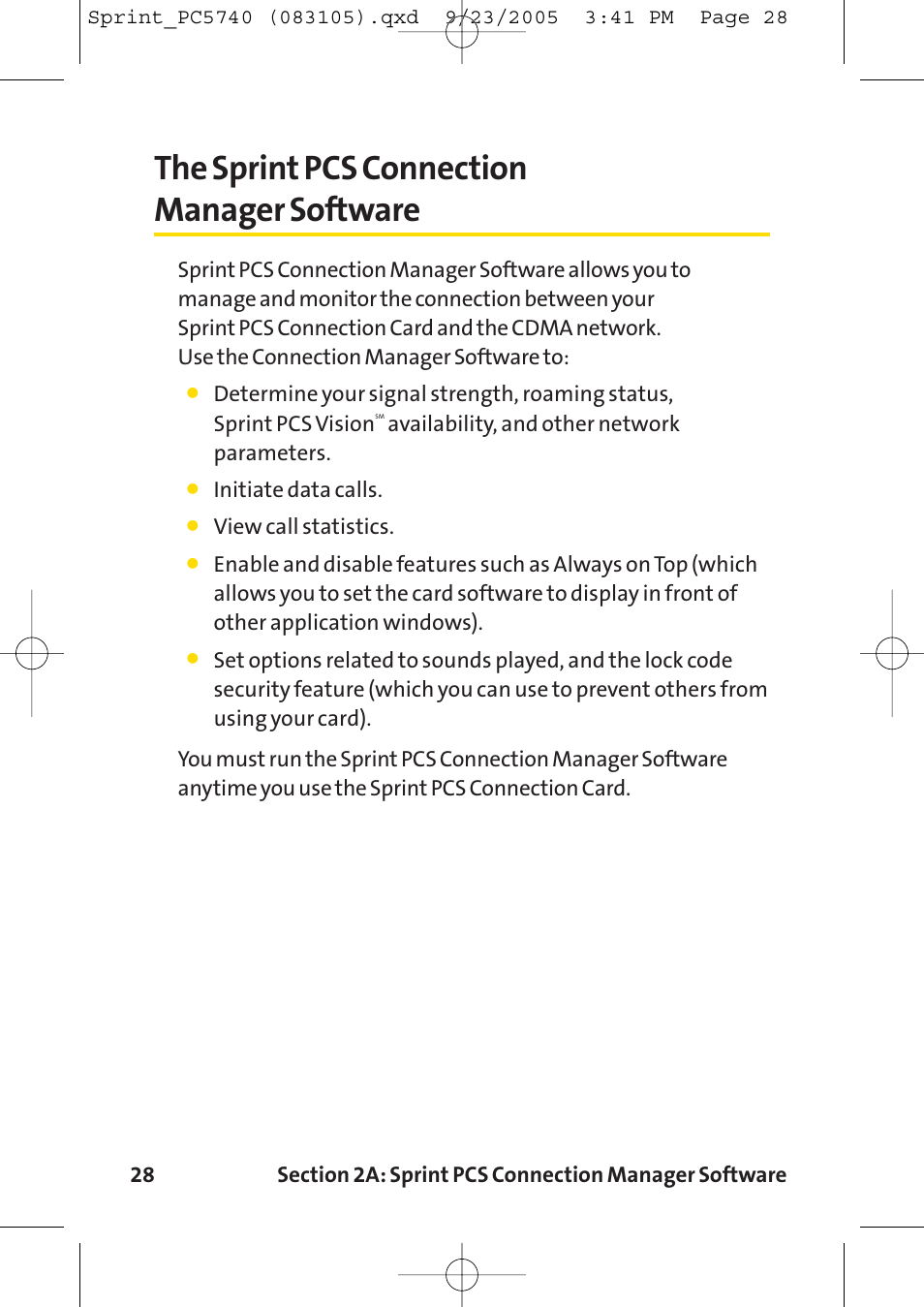 The sprint pcs connection ma, The sprint pcs connection manager software | Sprint Nextel Sprint PCS Connection Card PC-5740 User Manual | Page 36 / 123