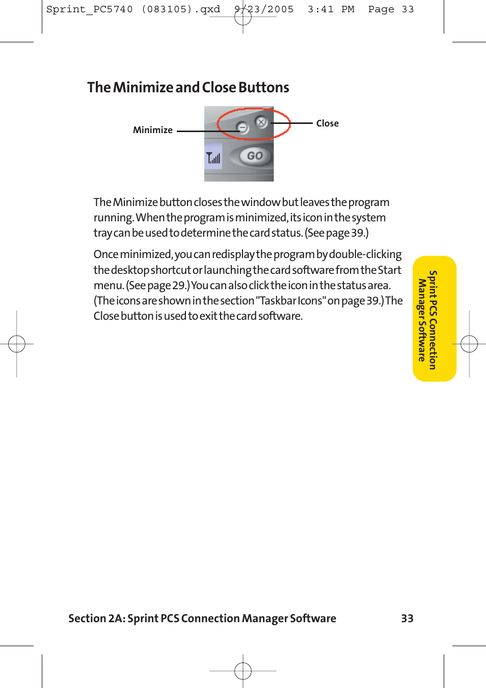 The minimize and close buttons | Sprint Nextel Sprint PCS Connection Card PC-5740 User Manual | Page 41 / 123