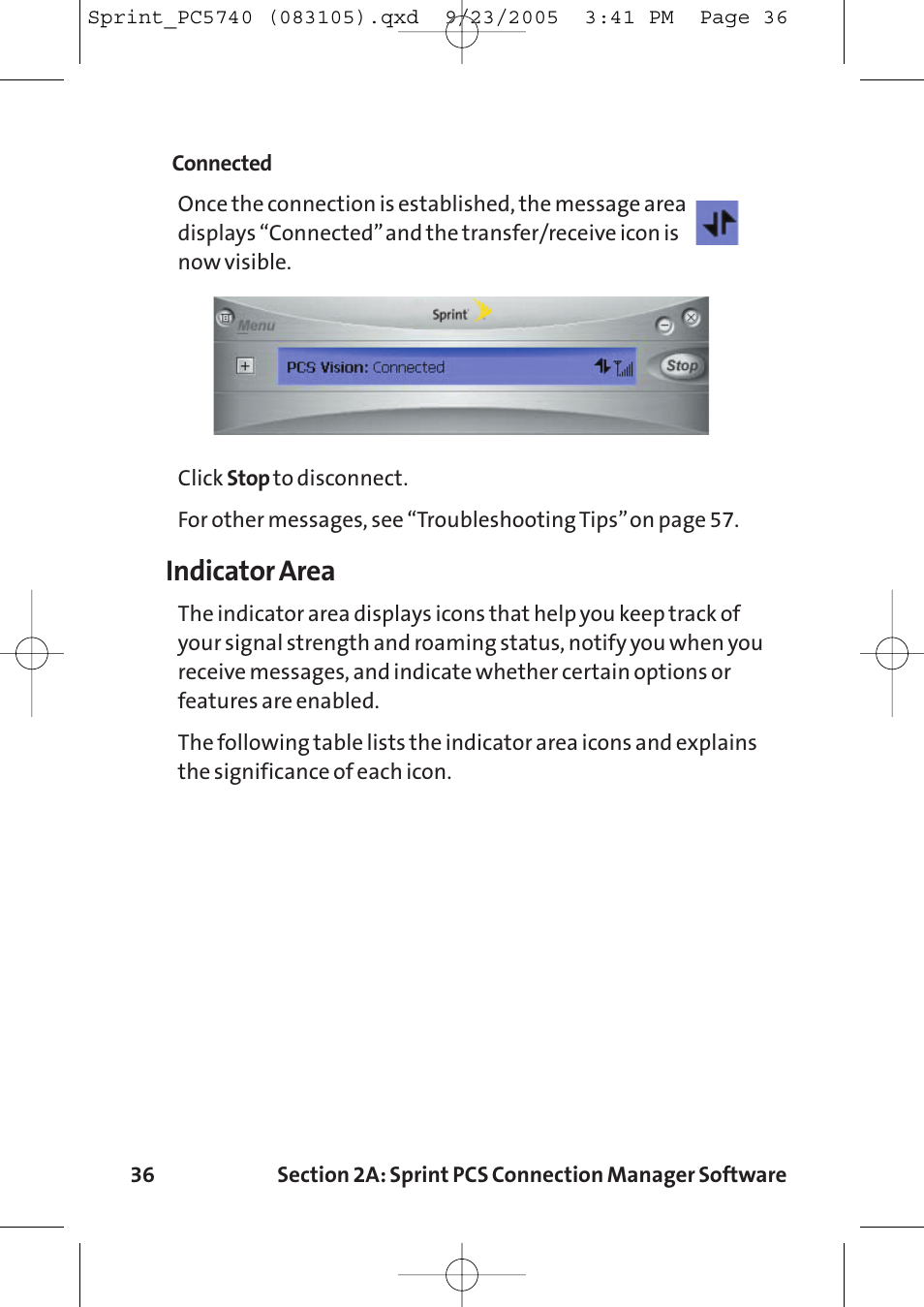 Indicator area | Sprint Nextel Sprint PCS Connection Card PC-5740 User Manual | Page 44 / 123