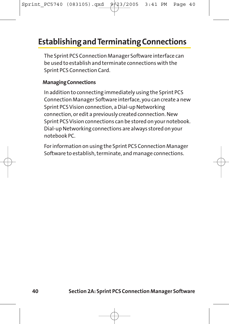 Establishing and terminating, Establishing and terminating connections | Sprint Nextel Sprint PCS Connection Card PC-5740 User Manual | Page 48 / 123