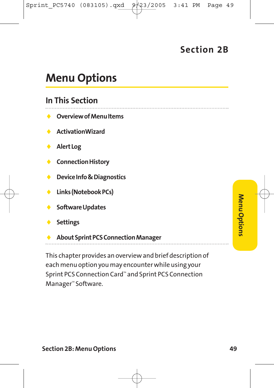 Menu options | Sprint Nextel Sprint PCS Connection Card PC-5740 User Manual | Page 57 / 123