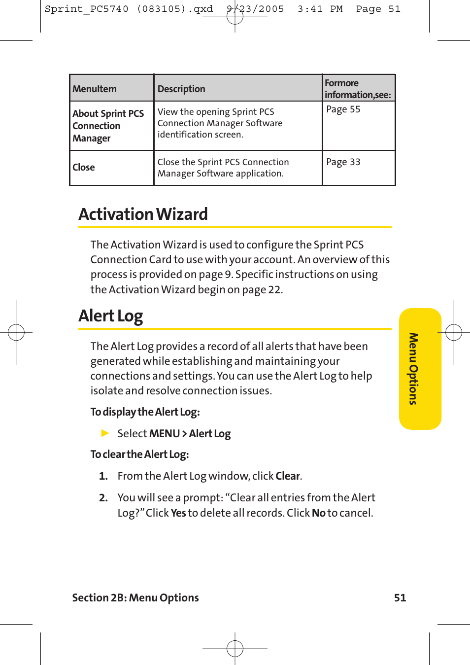 Activationwizard, Alert log, Activation wizard | Sprint Nextel Sprint PCS Connection Card PC-5740 User Manual | Page 59 / 123