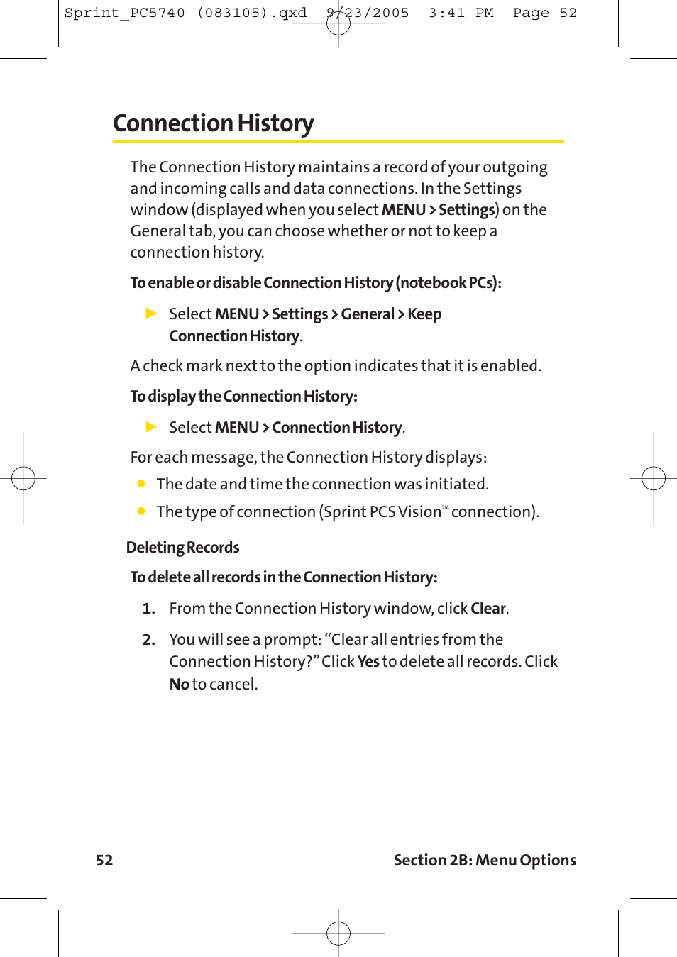 Connection history | Sprint Nextel Sprint PCS Connection Card PC-5740 User Manual | Page 60 / 123