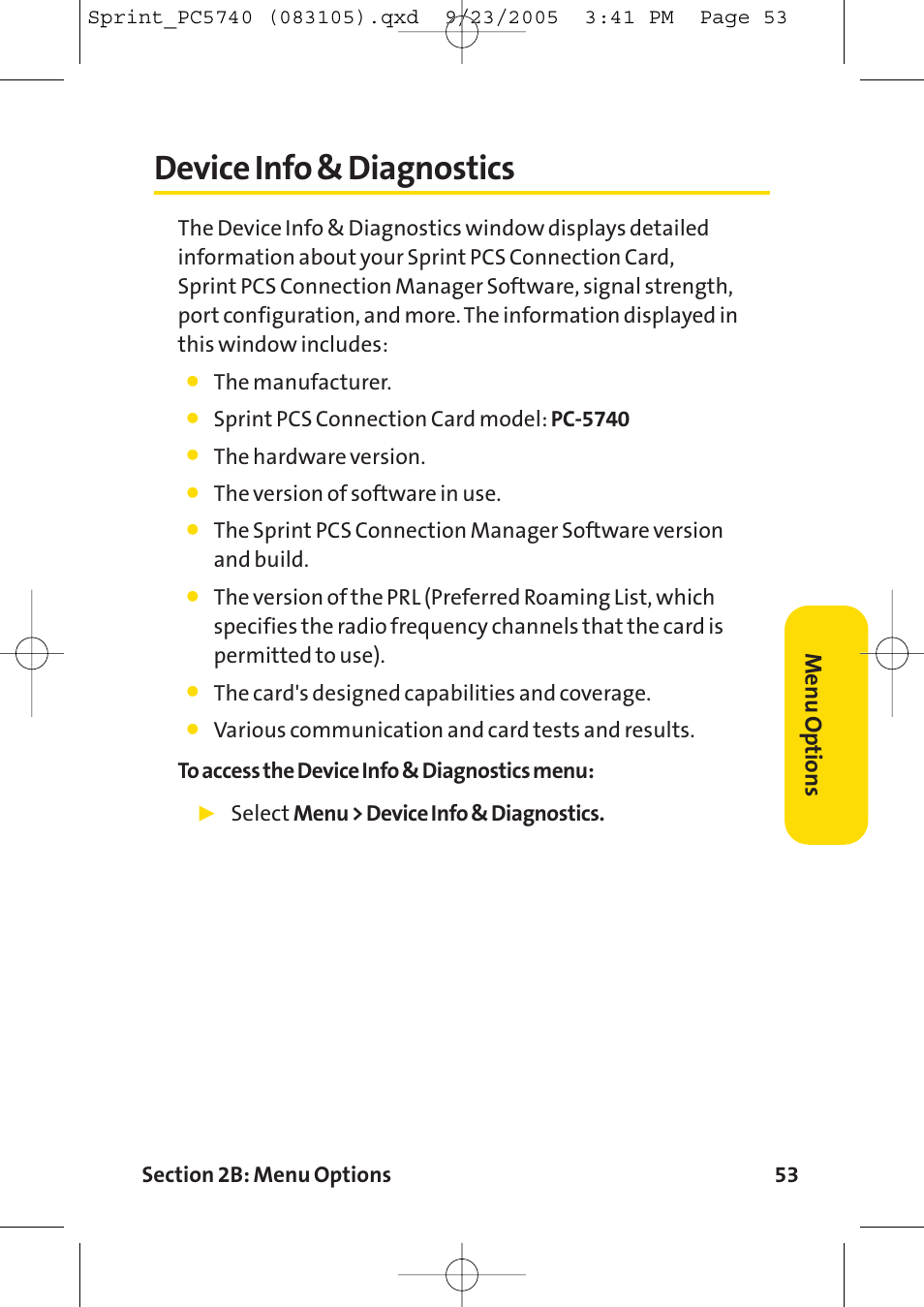 Device info & diagnostics, Menu options | Sprint Nextel Sprint PCS Connection Card PC-5740 User Manual | Page 61 / 123