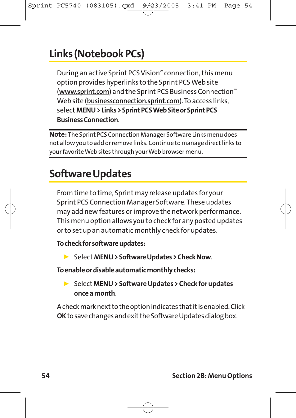 Links (notebook pcs), Software updates | Sprint Nextel Sprint PCS Connection Card PC-5740 User Manual | Page 62 / 123