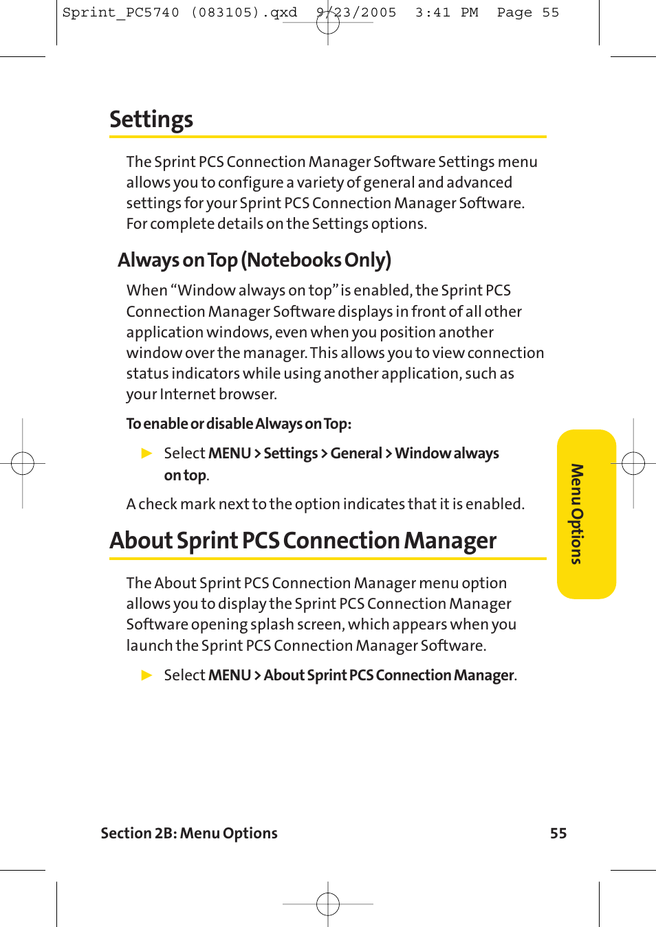 Settings, About sprint pcs connection, About sprint pcs connection manager | Sprint Nextel Sprint PCS Connection Card PC-5740 User Manual | Page 63 / 123