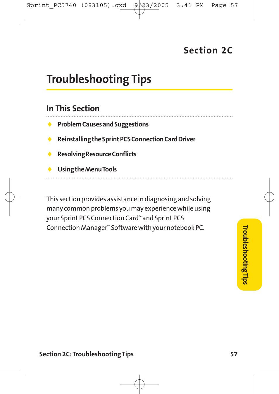 Troubleshooting tips | Sprint Nextel Sprint PCS Connection Card PC-5740 User Manual | Page 65 / 123