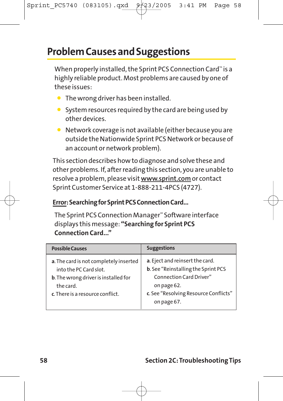 Problem causes and suggestions, The wrong driver has been installed | Sprint Nextel Sprint PCS Connection Card PC-5740 User Manual | Page 66 / 123