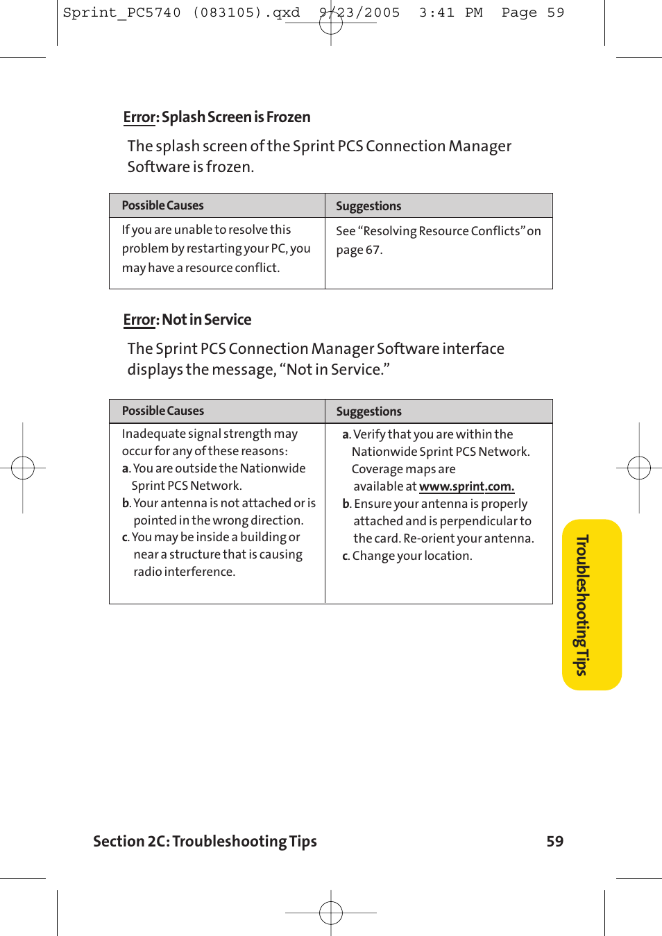 Tr oubleshooting t ips | Sprint Nextel Sprint PCS Connection Card PC-5740 User Manual | Page 67 / 123