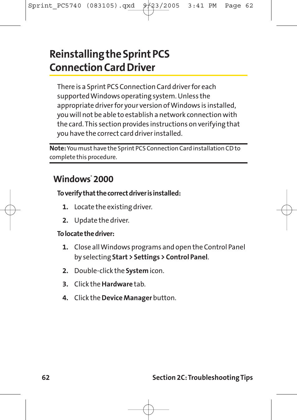 Reinstalling the sprint pcs, Reinstalling the sprint pcs connection card driver, Windows | Sprint Nextel Sprint PCS Connection Card PC-5740 User Manual | Page 70 / 123