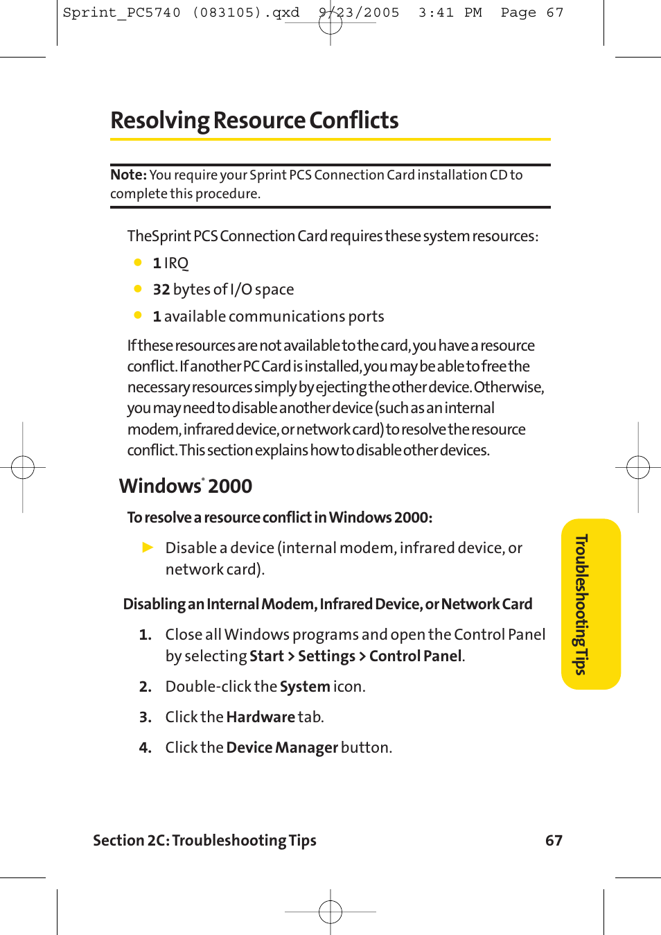 Resolving resource conflicts, Windows | Sprint Nextel Sprint PCS Connection Card PC-5740 User Manual | Page 75 / 123