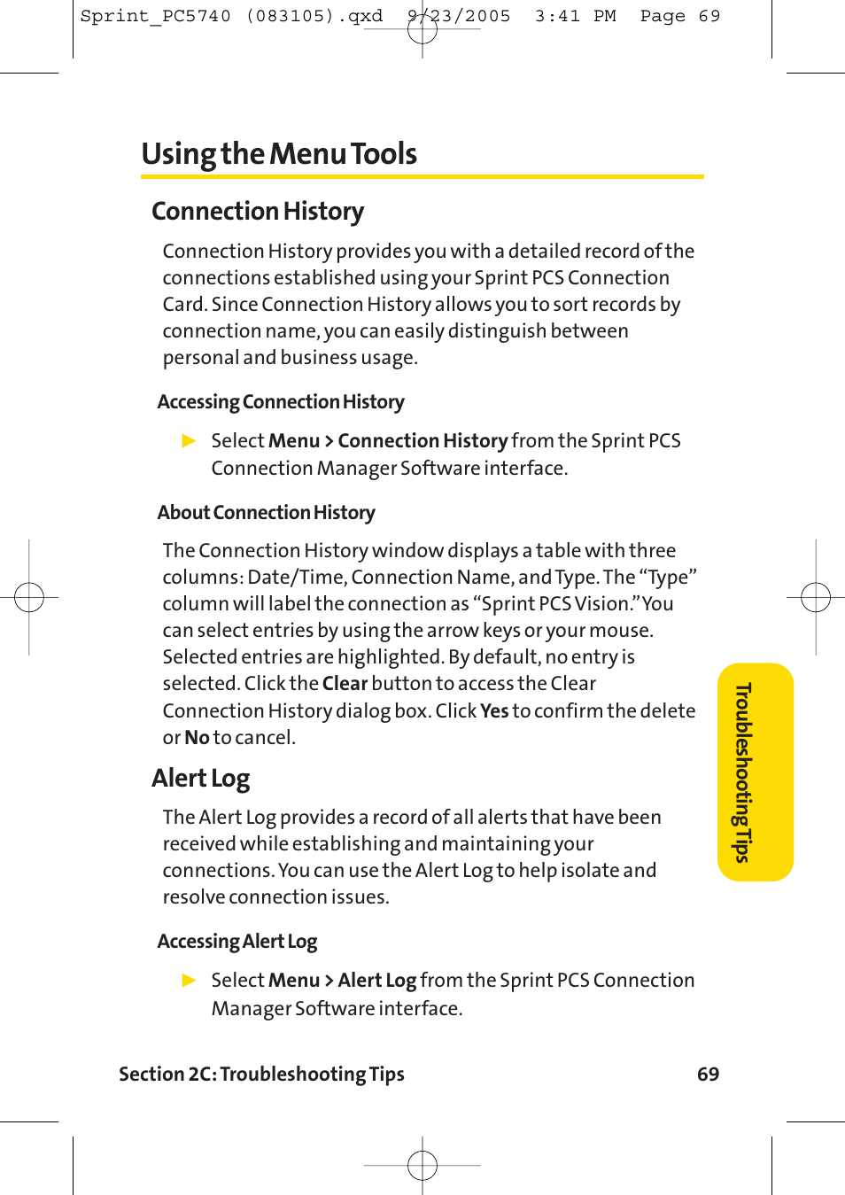 Using the menu tools, Connection history, Alert log | Sprint Nextel Sprint PCS Connection Card PC-5740 User Manual | Page 77 / 123