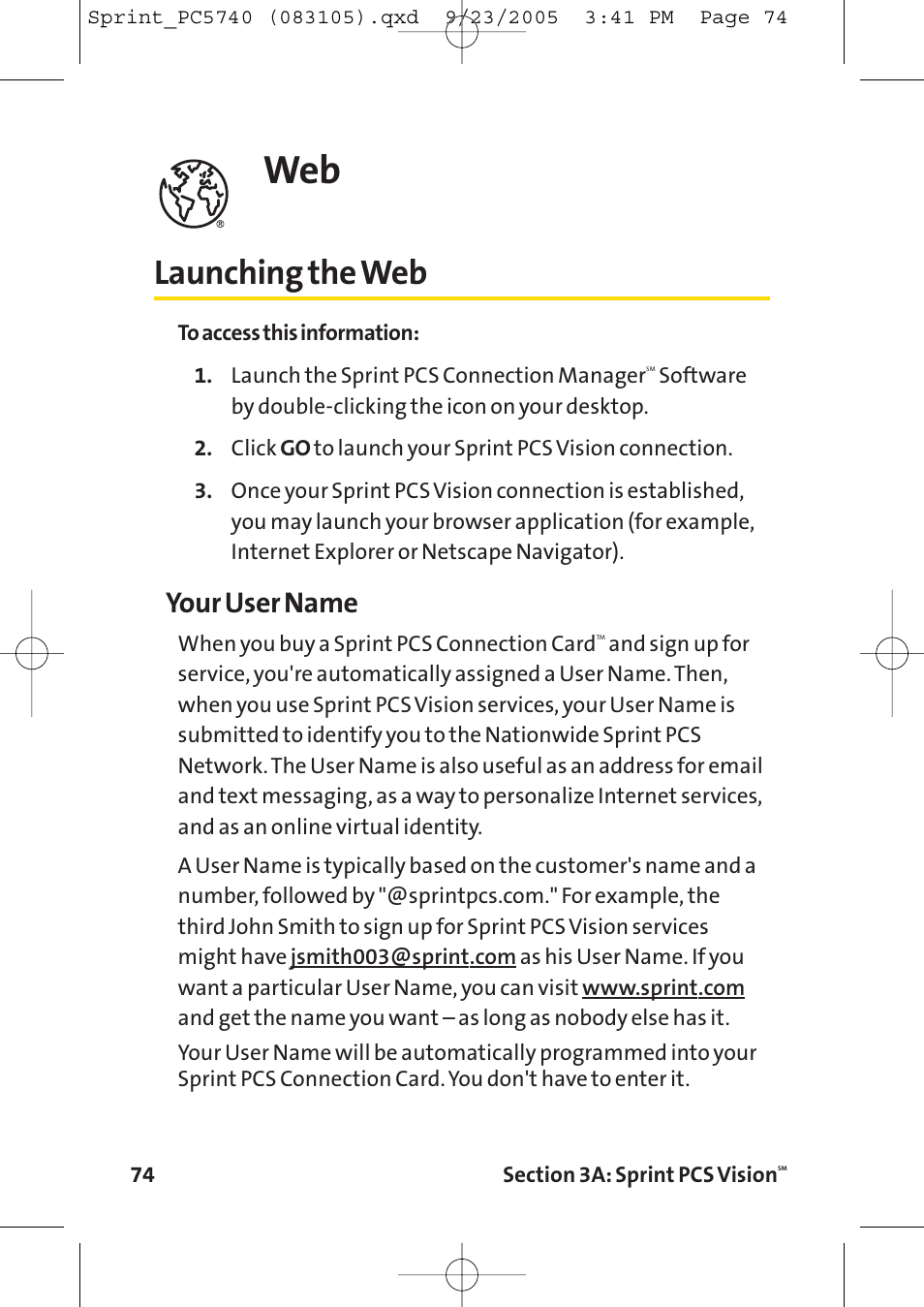 Launching the web, Your user name | Sprint Nextel Sprint PCS Connection Card PC-5740 User Manual | Page 82 / 123