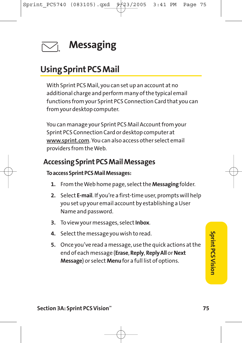Using sprint pcs mail, Messaging, Accessing sprint pcs mail messages | Sprint Nextel Sprint PCS Connection Card PC-5740 User Manual | Page 83 / 123