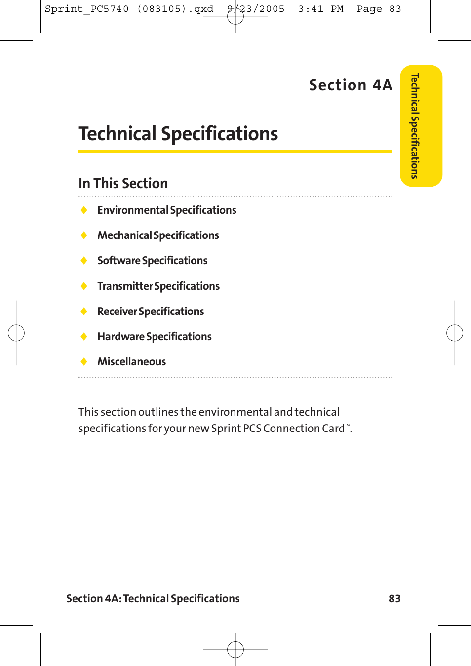 Technical specifications | Sprint Nextel Sprint PCS Connection Card PC-5740 User Manual | Page 91 / 123