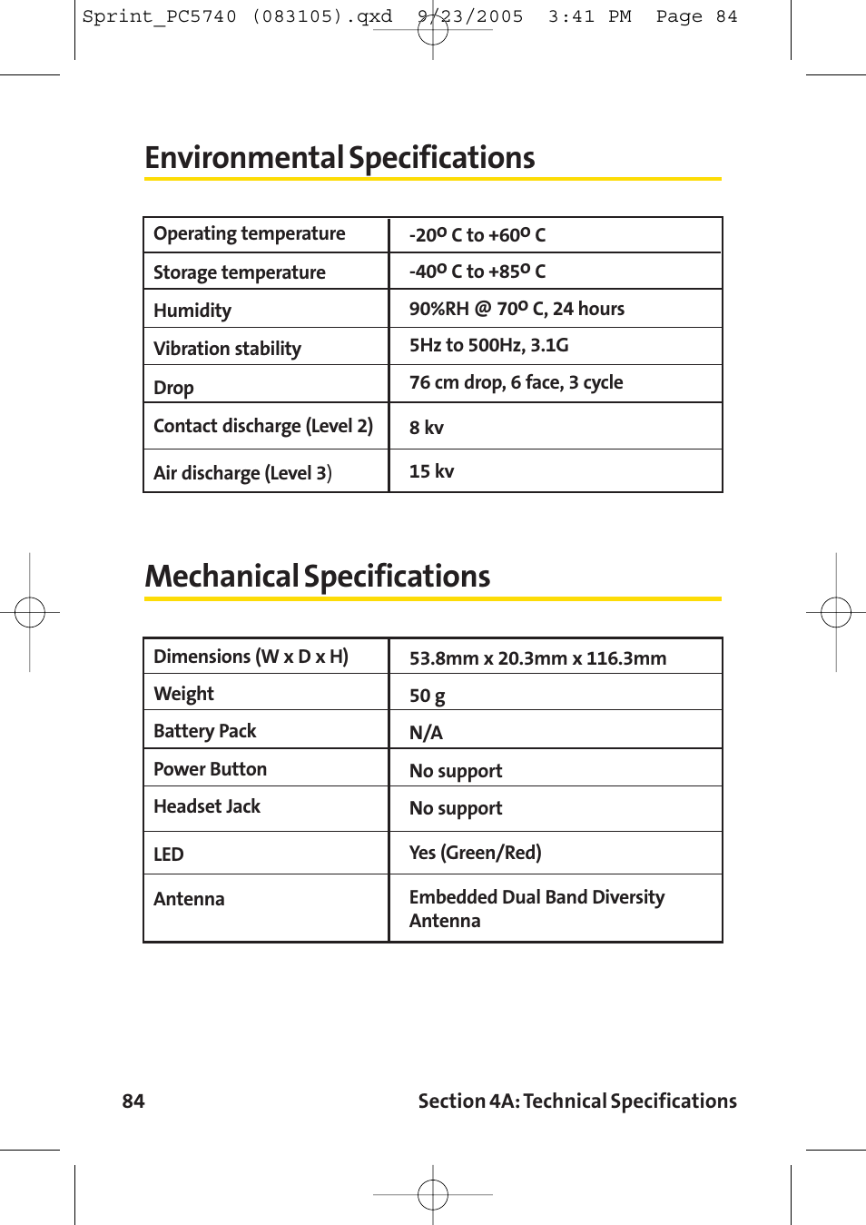 Environmental specifications, Mechanical specifications | Sprint Nextel Sprint PCS Connection Card PC-5740 User Manual | Page 92 / 123