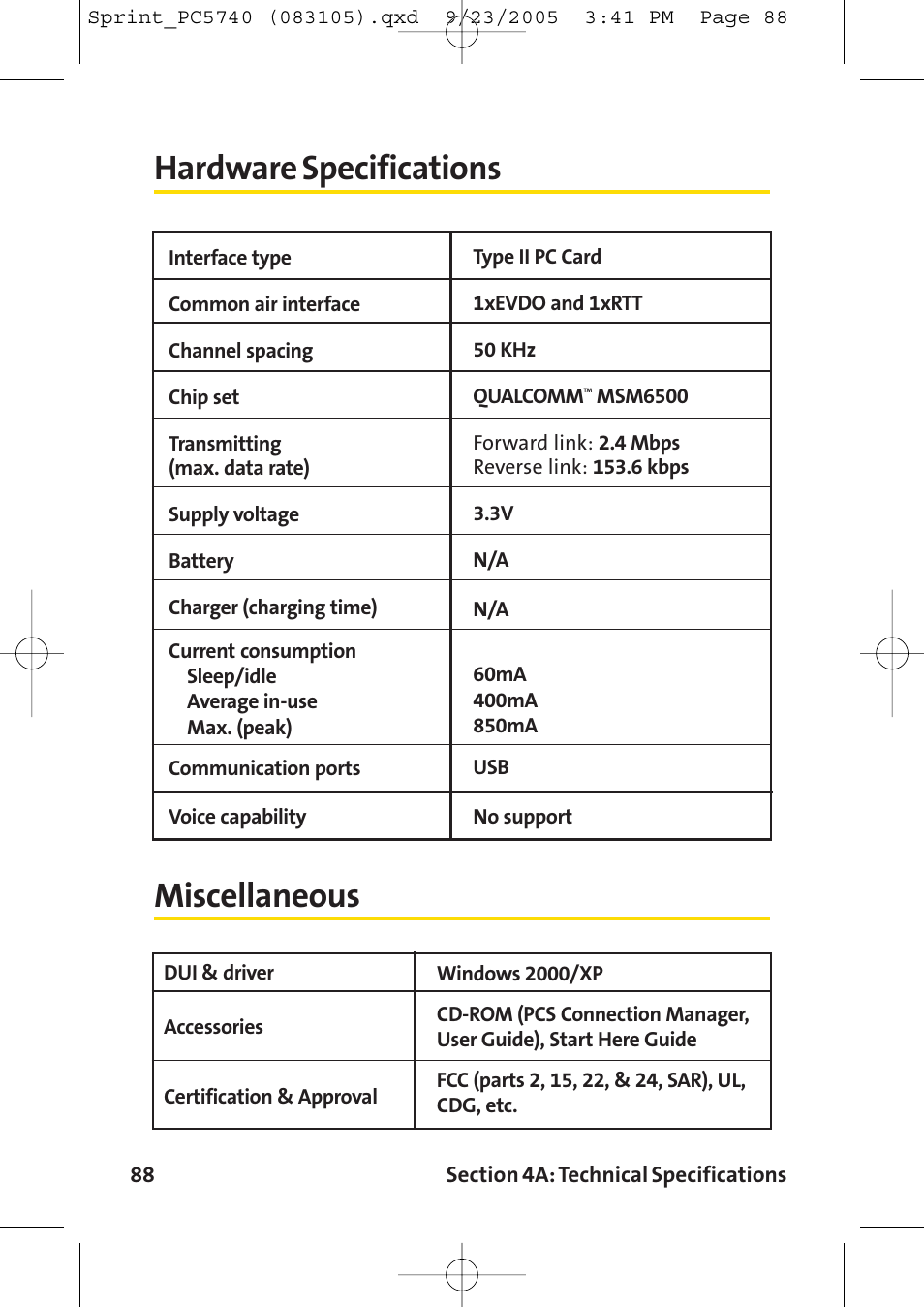 Hardware specifications, Miscellaneous, Hardware specifications miscellaneous | Sprint Nextel Sprint PCS Connection Card PC-5740 User Manual | Page 96 / 123