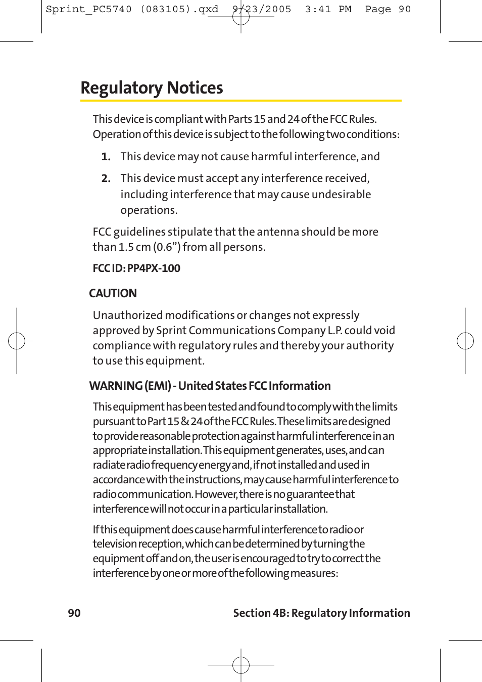 Regulatory notices | Sprint Nextel Sprint PCS Connection Card PC-5740 User Manual | Page 98 / 123