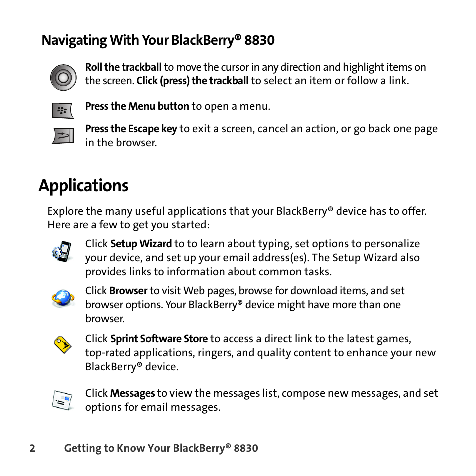 Navigating with your blackberry® 8830, Applications | Sprint Nextel BlackBerry 8830 User Manual | Page 10 / 92