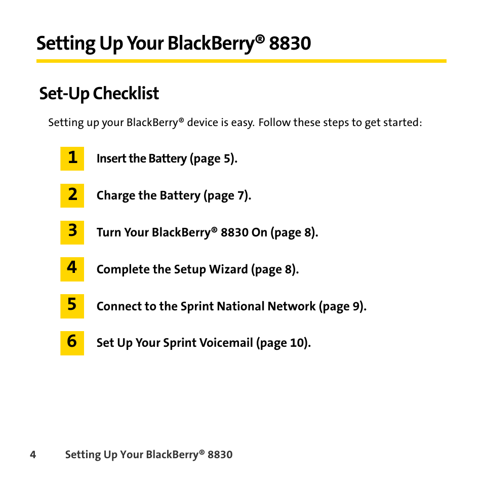Setting up your blackberry® 8830, Set-up checklist | Sprint Nextel BlackBerry 8830 User Manual | Page 12 / 92
