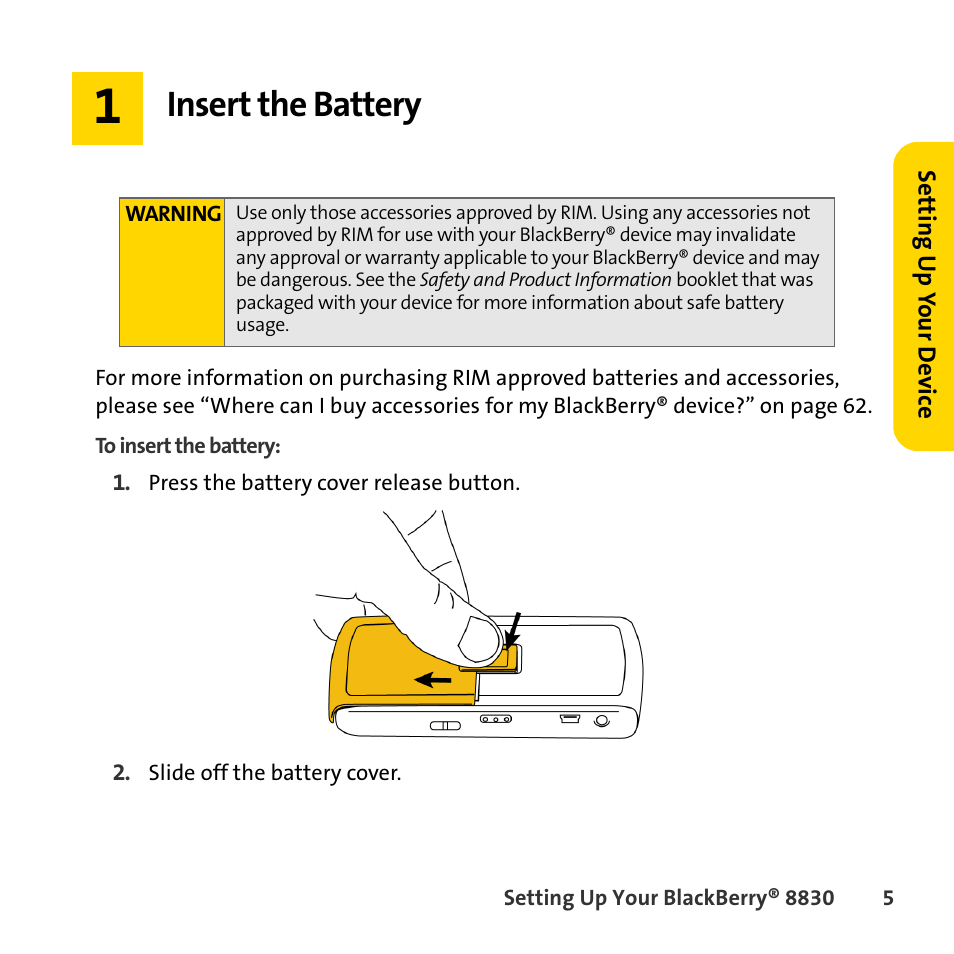Insert the battery | Sprint Nextel BlackBerry 8830 User Manual | Page 13 / 92