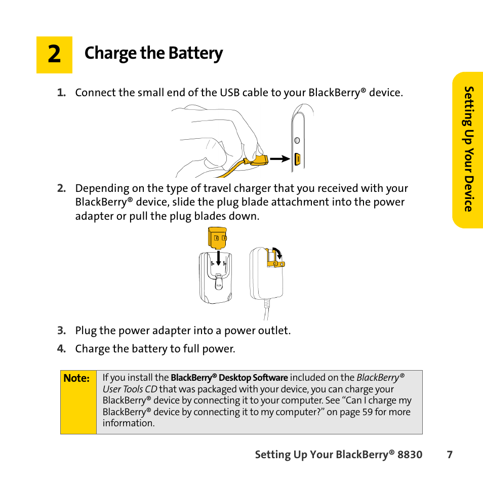 Charge the battery | Sprint Nextel BlackBerry 8830 User Manual | Page 15 / 92